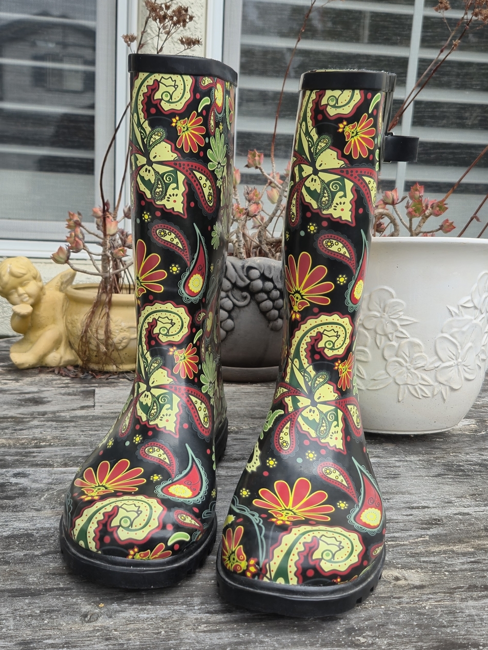 Joules Black Tall Rain Boots with Red, Yellow and Green Paisley Floral Print